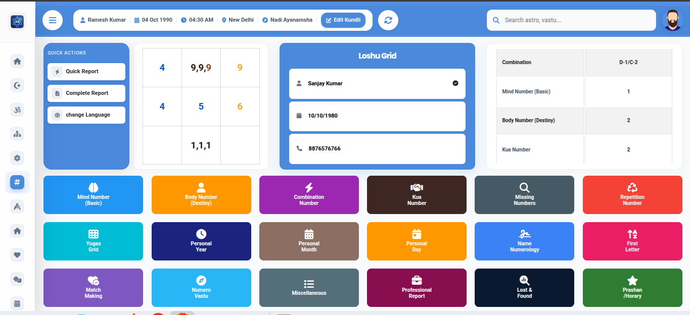 Lo Shu Grid Numerology Software Dashboard