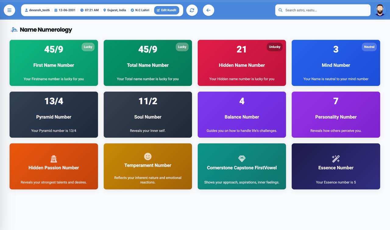 Name Numerology Software Dashboard