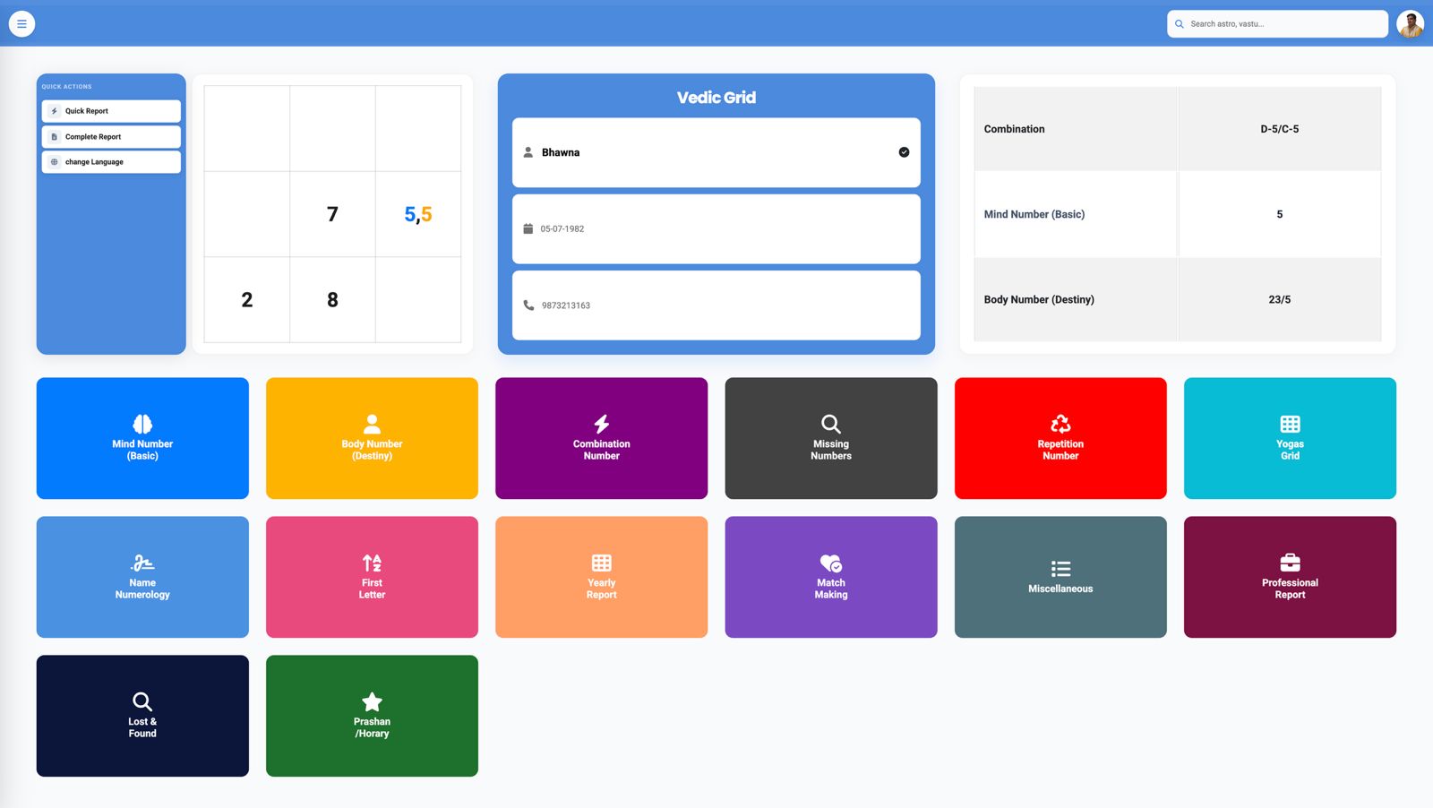 Vedic Numerology Software Grid and Mahadasha Dashboard